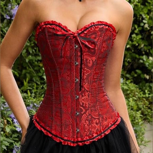 Other - Red Brocade Strapless Corset Bustier with Ribbon Trim